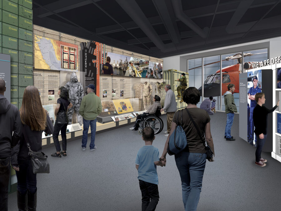 Color concept art rendering of the Deck 3 Defenders of the Nation Wing exhibit where visitors discover how the Coast Guard’s war fighting capacity evolved from the Quasi-War with France to the Global War on Terror.