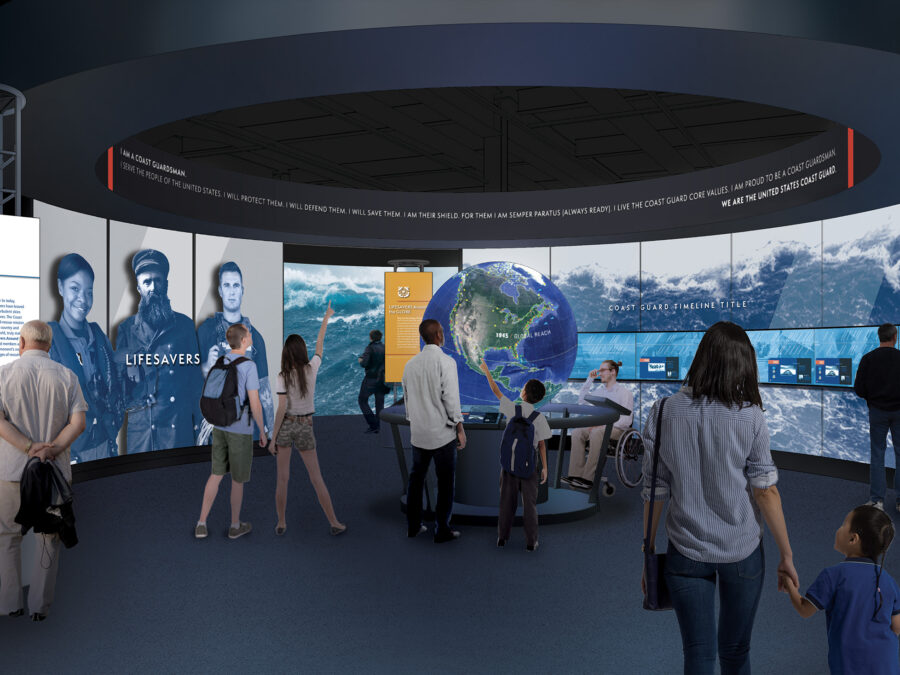 Color concept art rendering of Deck 2 Introduction to the Coast Guard exhibit located on deck 2 where visitors will discover how the Coast Guard developed from a small fleet of 10 cutters into a global force operating around the world.