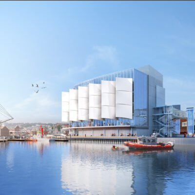 Construction rendering of the National Coast Guard Museum from the New London Waterfront.