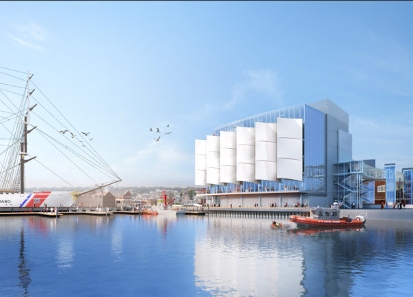 Construction rendering of the National Coast Guard Museum from the New London Waterfront.