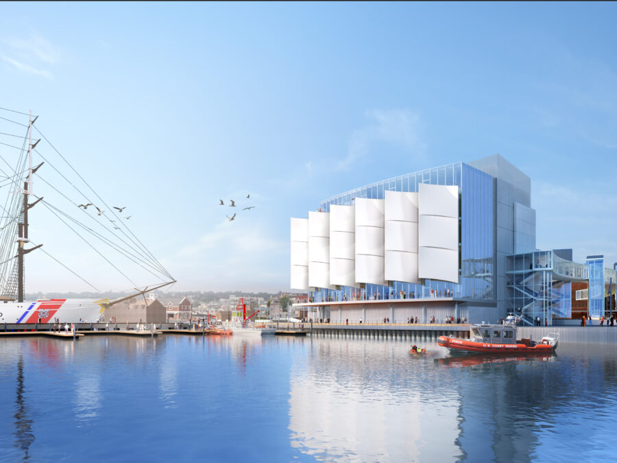 Construction rendering of the National Coast Guard Museum from the New London Waterfront.