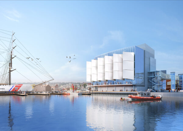 Construction rendering of the National Coast Guard Museum from the New London Waterfront.