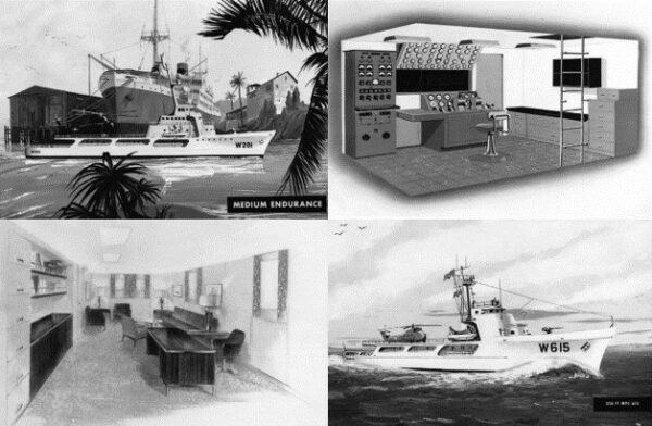 Reliance-class cutter concept art with interior sketches showing side views, bridge, and captain's office.