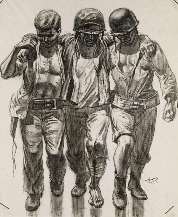 Drawing: This image depicts Coast Guardsmen helping a American wounded soldier off the beach on Luzon.