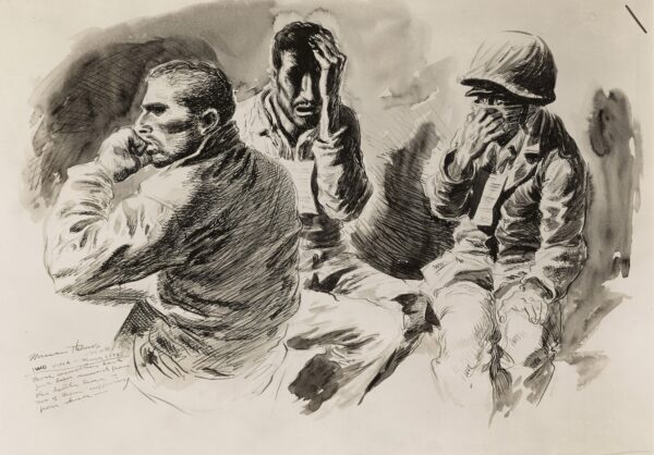 Drawing: This image depicts Marines leaving Iwo Jima suffering from wounds and extreme battle shock.
