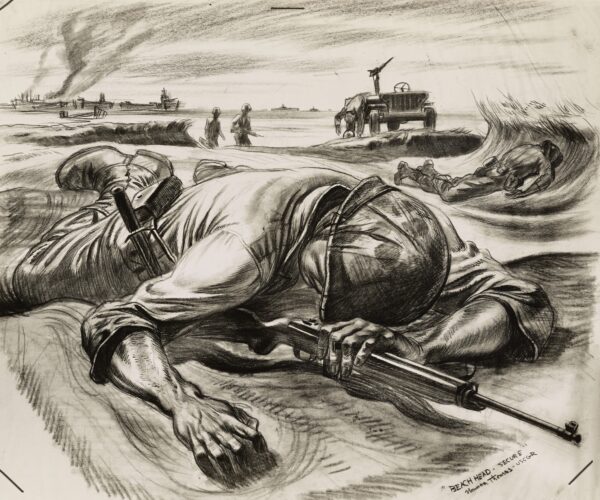 Drawing: This image depicts a dead soldier on the beach of Luzon, having secured the beach head before his death.