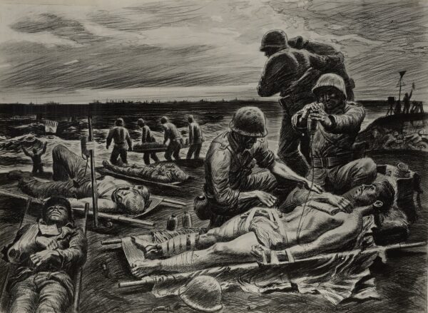 Drawing: This image depicts Marines and Coast Guardsmen giving aid to wounded men on the beaches of Iwo Jima.