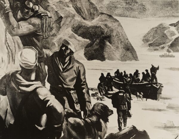 Drawing: This image depicts Coast Guard Lieutenant John A. Pritchard, Jr. rescuing Canadian pilots stranded in Greenland.