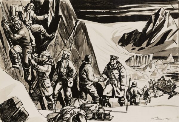 Drawing: This image depicts Coast Guard Lieutenant John A. Pritchard Jr. rescuing Canadian pilots stranded in Greenland.