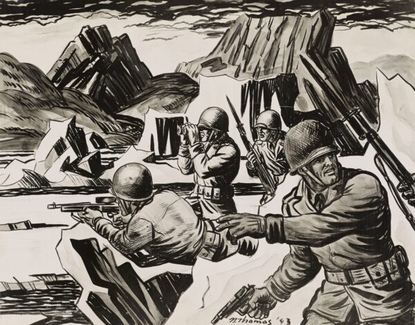 Drawing: This image depicts Army and Coast Guard commandos patrolling suspicious activity in Greenland.