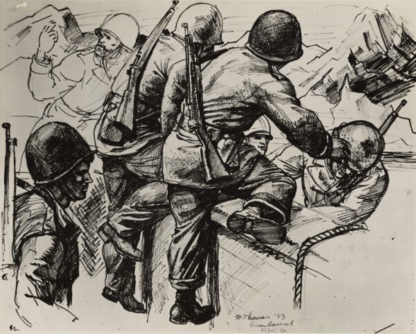 Drawing: This image depicts Coast Guard commandos preparing to attack German soldiers in Greenland.