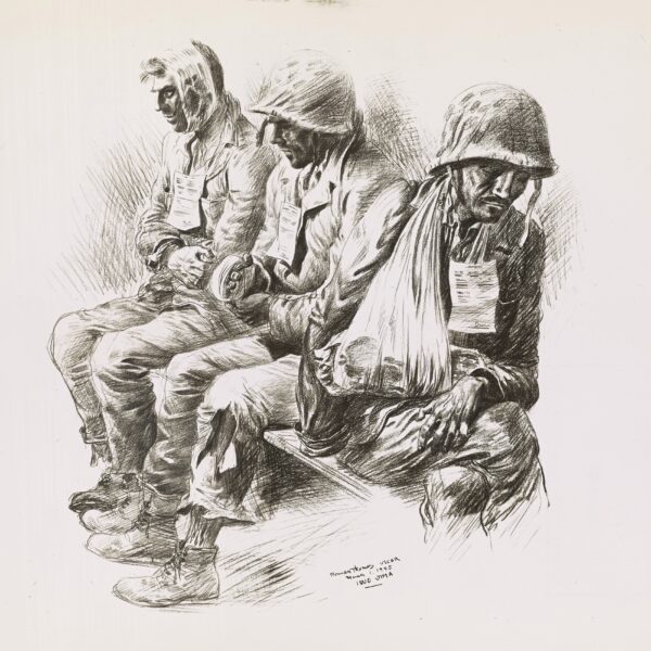 Drawing: This image depicts wounded Marines aboard a Coast Guard-manned transport.