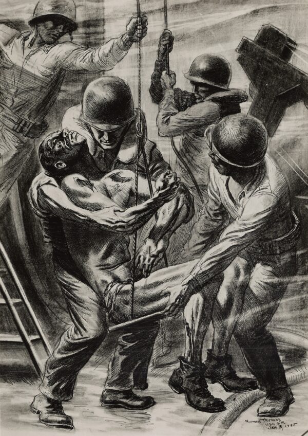 Drawing: This image depicts a Coast Guardsman aboard the USS Callaway who was killed when the vessel was struck by a Japanese fire bomb during the invasion of Luzon.