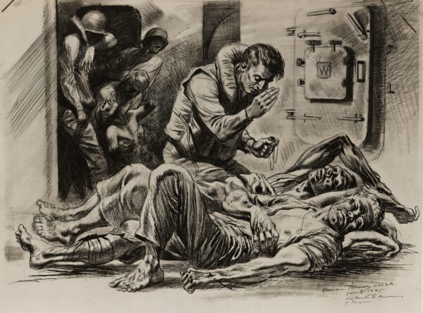 Drawing: This image depicts a Chaplain administering last rites to two dying Coast Guardsmen aboard the USS Callaway, who were fatally wounded when their vessel was struck by a Japanese bomb.