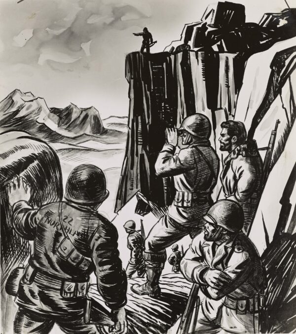 Drawing: This image depicts Army and Coast Guard commandos patrolling for remnants of German activity in Greenland.
