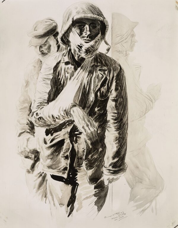 Drawing: This image depicts wounded Marines in a field hospital on Iwo Jima waiting for evacuation.