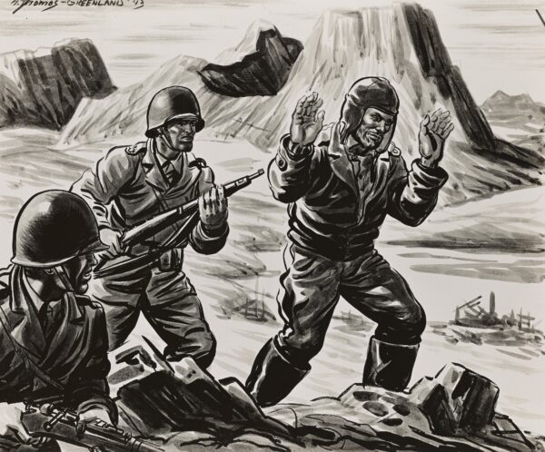 Drawing: This image depicts Army and Coast Guard Commandos as they capture Dr. Rolf Sensse of the German Navy in Greenland.