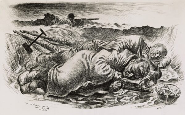 Drawing: This image depicts Marines trying to sleep in a shell crater during the invasion of Iwo Jima