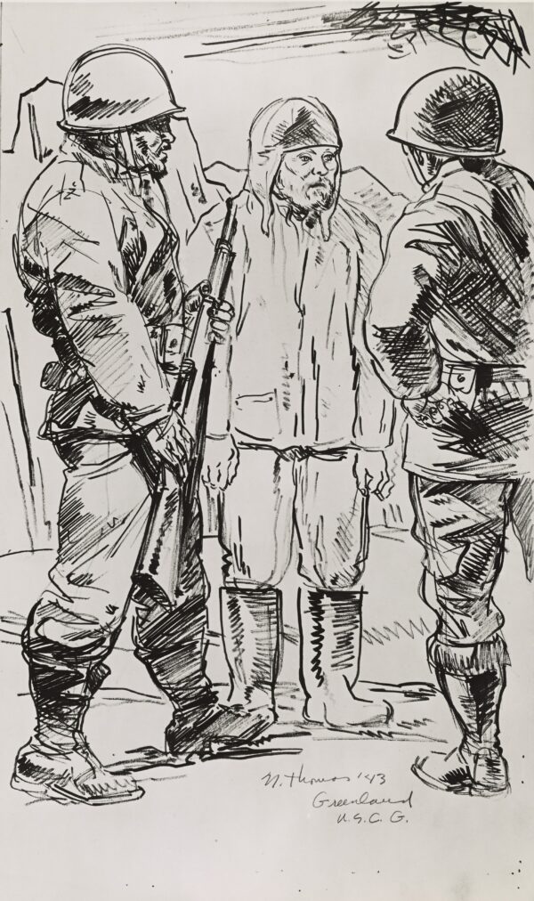 Drawing: This image depicts Army and Coast Guard Commandos as they capture a junior officer of the German Navy in Greenland.