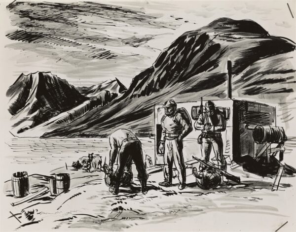 Drawing: This image depicts American and Greenlandic Army personnel prepare for a patrol in Greenland.