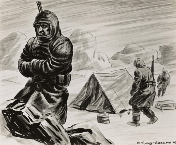 Drawing: This image depicts Coast Guardsman on patrol in Greenland.