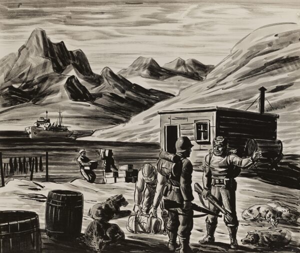 Drawing: This image depicts Coast Guardsmen unloading supplies as American and Greenlandic personnel prepare to set out on patrol.