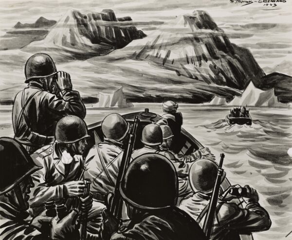 Drawing: This image depicts Soldiers and Coast Guardsmen setting out to attack German positions in Greenland.