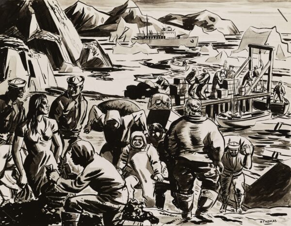 Drawing: This image depicts American and Greenlandic personnel in Greenland.