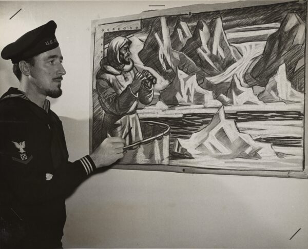 Drawing: This image depicts Coast Guard Combat Artist Norman Millet Thomas, who served in Greenland and the Pacific, with one of his paintings.