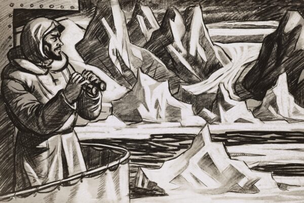Drawing: This image depicts a Coast Guardsman on watch aboard a vessel in Greenland.
