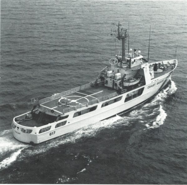 Aerial photo of cutter Vigilant with view of helicopter pad.