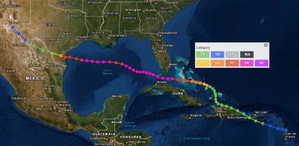 A hurricane track chart showing a path from Haiti, through Puerto Rico, the Florida Keys, the Gulf of Mexico, and into Texas.