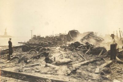 Photo: Two men standing next to wreckage extending into the distance.