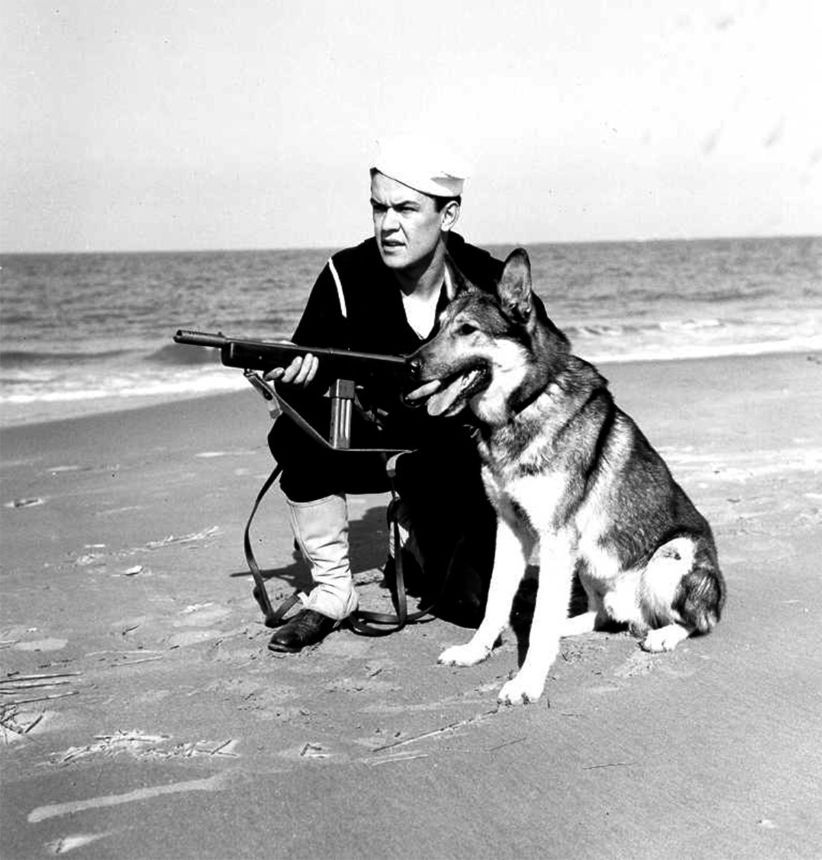 Photo: Coast Guardsman with beach patrol canine at beach.