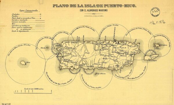 Map: Titled “Plano de la Isla de Puerto Rico – con el Alumbrado Maritimo”. Shows lighthouses' lighting range from coast.