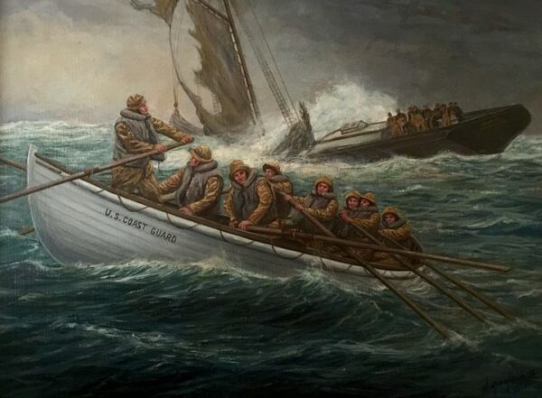 Painting depicting Coast Guardsmen rowing out in rough seas to rescue passengers of a sinking ship.