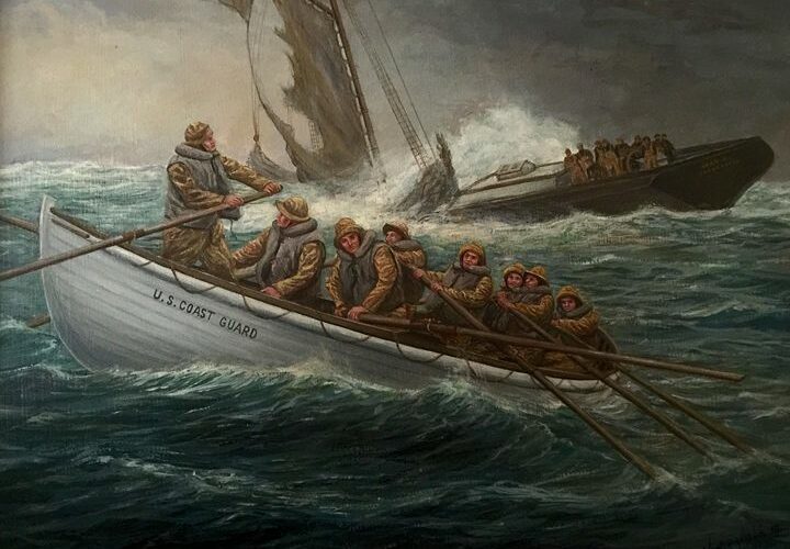 Painting depicting Coast Guardsmen rowing out in rough seas to rescue passengers of a sinking ship.