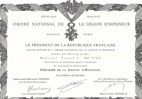 Frank DeVita’s commendation for the French Legion of Honour.