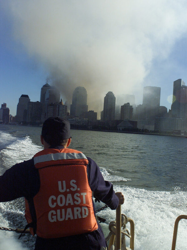 Photo: View of Manhattan from a Coast Guard boat following the collapse of the twin towers.