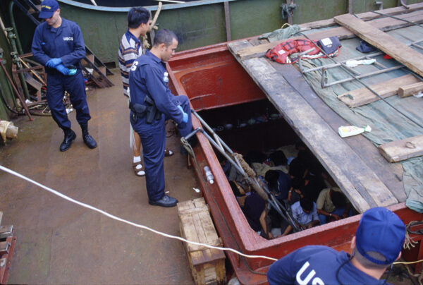 Photo: The hold of the Yu Xing is crowded with migrants.