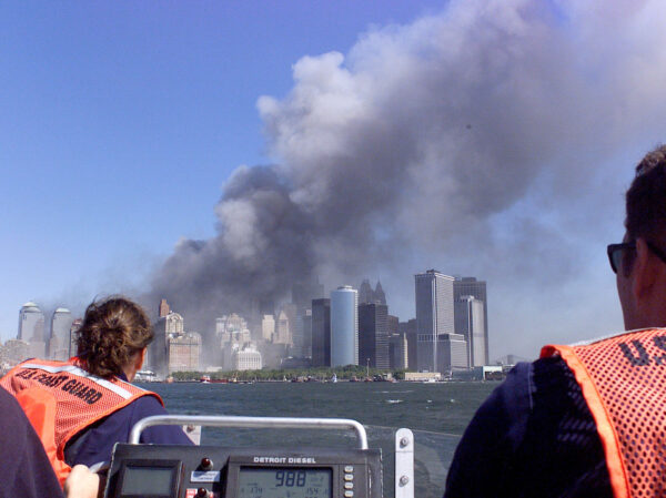 Photo: View from Coast Guard vessel of the smoke coming from lower Manhattan on September 11, 2001.