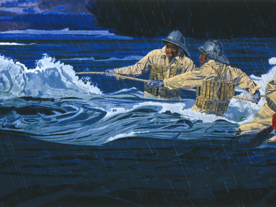 The painting depicts a group of African American Life Savers in the water rescuing people.