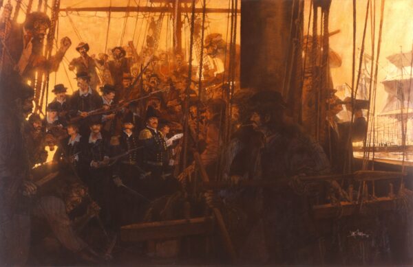 Painting of Captain Ottinger and crewmembers from the Lawrence putting down the mutiny on board the Challenge.