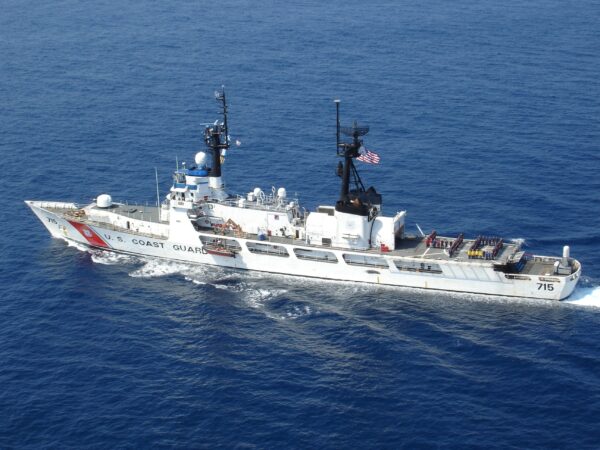 Aerial photograph of the 378-foot high-endurance cutter Hamilton (WHEC-718) on patrol.