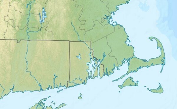 A chart showing southern New England with Cape Cod extending out into the Atlantic.