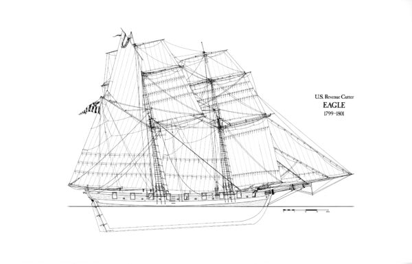 Line drawing: U.S. Revenue cutter Eagle 1799-1801. Pen and ink drawing of ship as seen in profile.