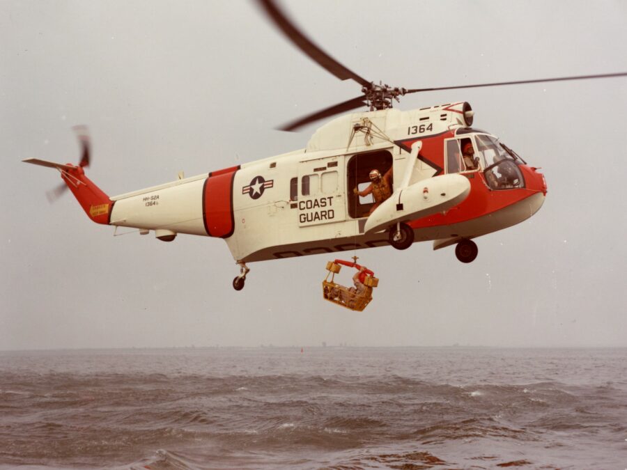 Color photo of Coast Guard HH-52 “Seaguard” helicopter.