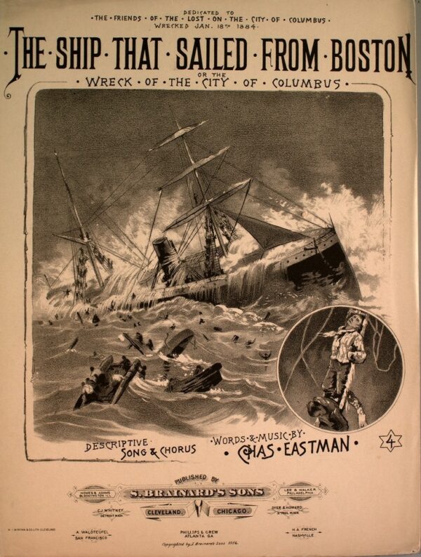 Graphic: Depicts sinking City of Columbus with survivors in the water and rescuers on the way.