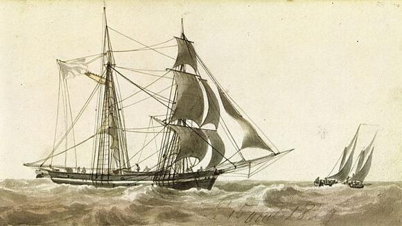 A realistic rendering of a typical barquentine seen on the Great Lakes around 1800.