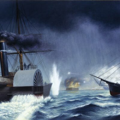 Painting: USRC Harriet Lane engages a merchant steamer during a storm.
